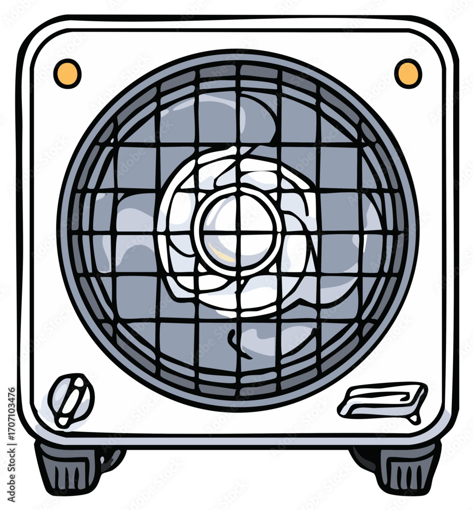 Naklejka premium Computer Power Supply Unit Illustration with Fan Blades and Protective Grill Detail Drawing Style Isolated