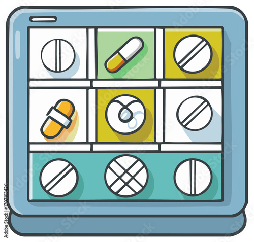 Illustration of pills and capsules on a touchscreen device for pharmaceutical use