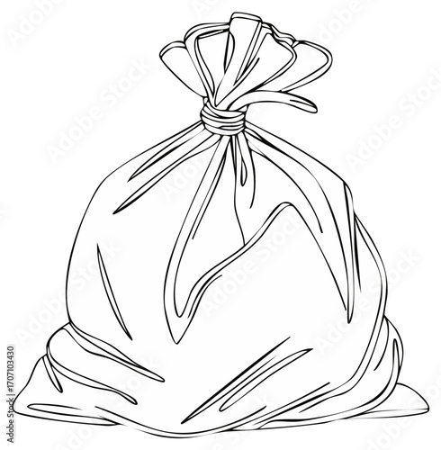 Outlined Illustration of Sack with Tied Top, Full Plastic Bag with Wrinkles and Folds