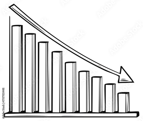 Hand drawn bar graph showing a downward trend with an arrow indicating decline
