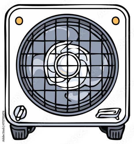 Computer Power Supply Unit Illustration with Fan Blades and Protective Grill Detail Drawing Style Isolated
