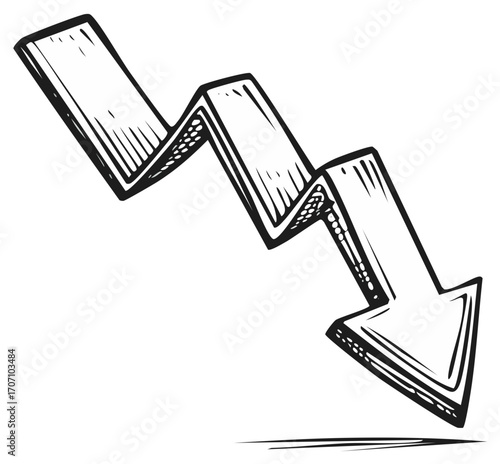 Hand-Drawn Zigzag Arrow Pointing Downwards Representing Economic Loss or Decline