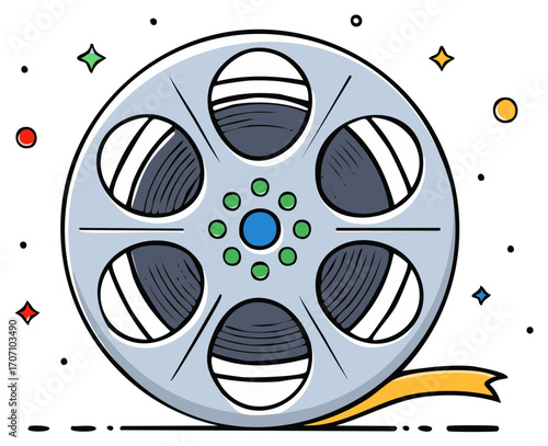Vintage Film Reel with Exploding Stars and Ribbon