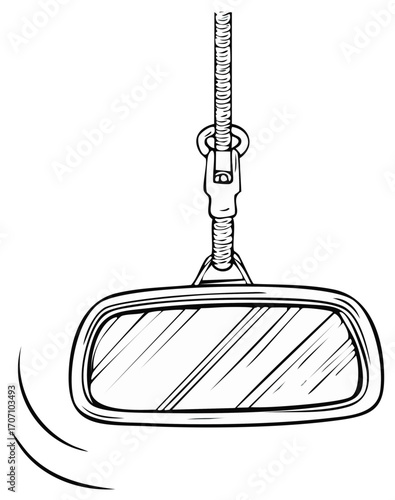 Vector swinging car mirror, dangling rearview accessory, hanging on a rope, motion lines, cartoon style drawing