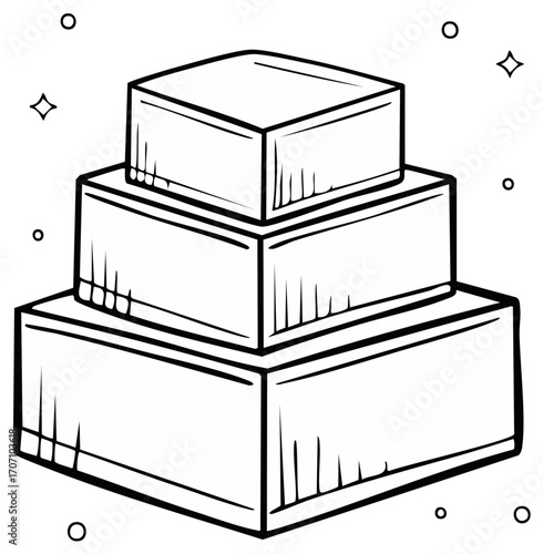 Hand drawn illustration of a tiered cake or gift boxes with decorative elements