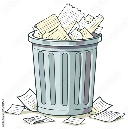 Trash can overflowing with waste papers, cartoon illustration, conceptual image of recycling.