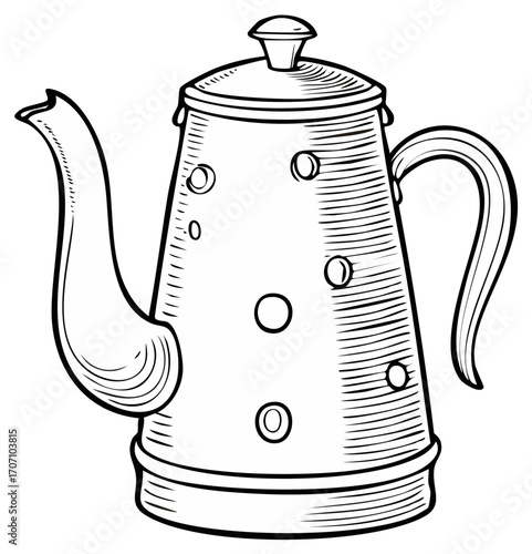 Antique coffee pot with spout and handle decorated with circles and lines