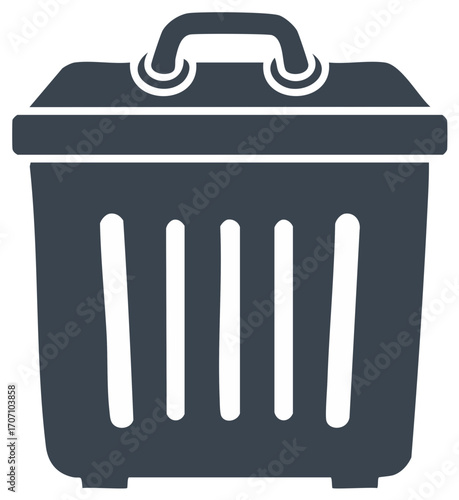 Dark Blue Silhouette of a Trash Can with Handle and Slotted Sides