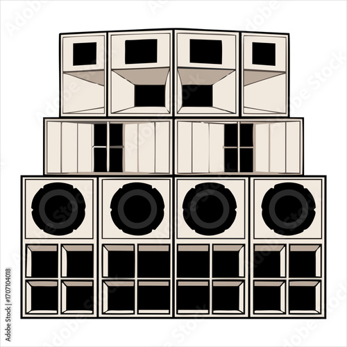 Graphic illustration of a large audio speaker stack, representing club culture and powerful bass music