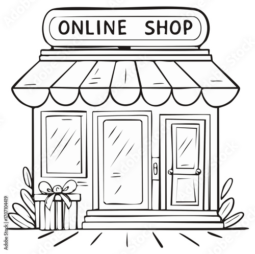 Hand drawn cartoon online shop storefront with gift and awning advertising commerce