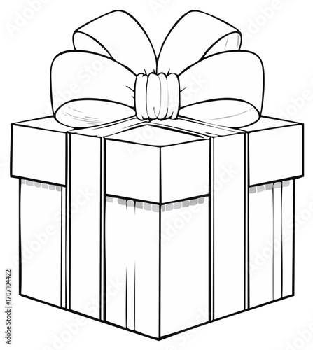 Black and White Illustrated Gift Box With Large Bow, Isolated on White Background
