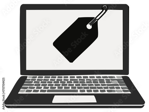 Modern laptop displaying a prominent black price tag icon on its bright screen symbolizing online shopping and digital sales promotions