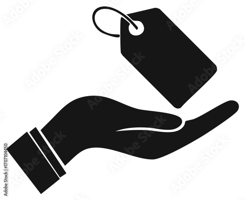 Hand holding a tag label in black vector illustration for design concepts, retail and pricing themes