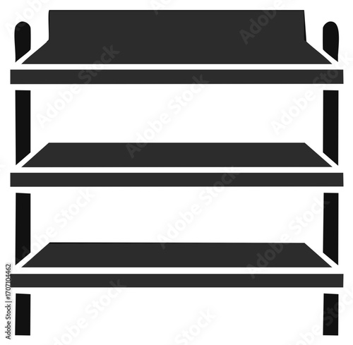 Minimalist three-tiered display shelf silhouette icon for shop, retail, and storage solutions