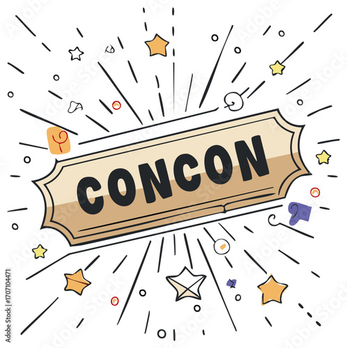 Playful doodle illustration of a retro sign with starburst and decorative elements