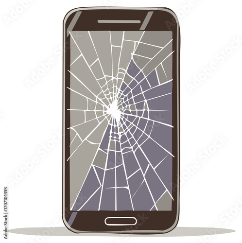 Smartphone with cracked glass screen, broken device, mobile phone damage, screen repair, digital equipment crash, fragility