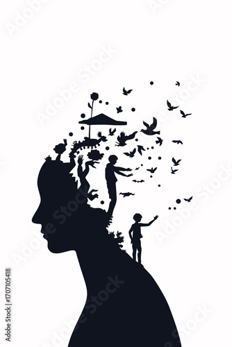 Surreal silhouette of woman’s head with children, birds, and imagination – psychology and inner world concept illustration