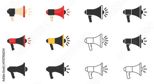 Twelve Megaphone Icons in Various Colors and Styles