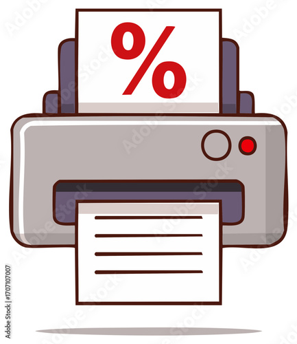 Office printer cartoon printing a document with a red percent sign finance and business concept illustration