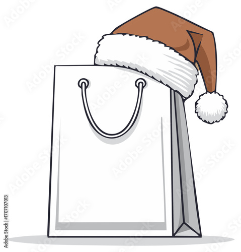 White shopping bag with a brown Santa hat perched on top for festive holiday purchases