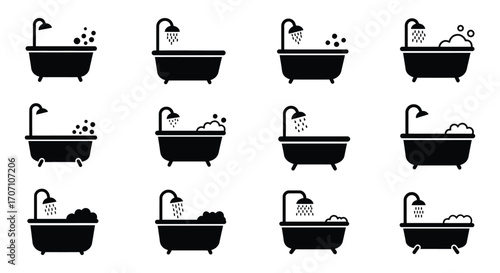 Various Bathtub and Shower Icons Set