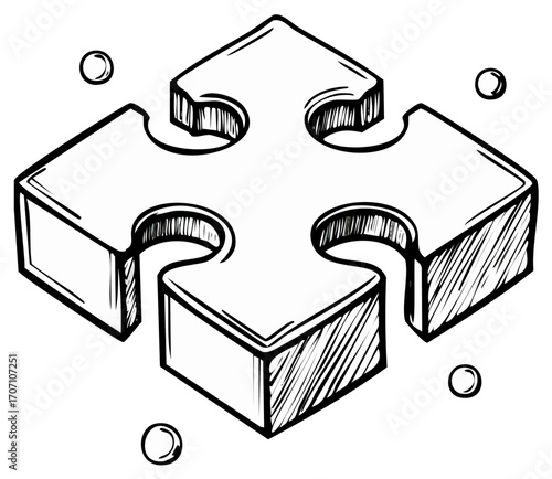 Abstract black and white sketch of a four-piece puzzle with balls
