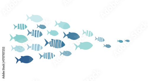 Illustration of school of blue and teal fish swimming together isolated on white