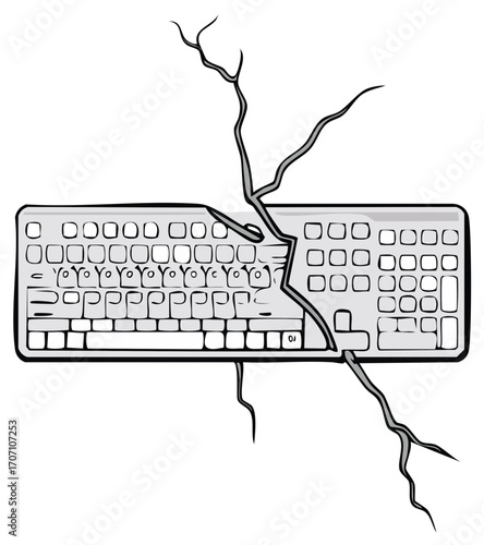 Broken Computer Keyboard Illustration with Severe Cracks Representing Technology Failure or System Malfunction