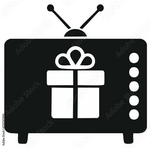 Retro television icon with a gift box symbol inside, broadcasting presents.