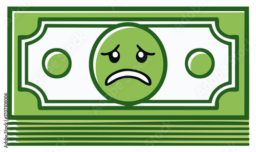 Cartoon Paper Money Stack Featuring a Sad Face Representing Financial Woes, Financial Stress or Economic Decline