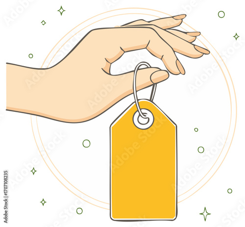Elegant Hand Holding a Bright Yellow Price Tag or Sale Tag for Promotions and Advertisements