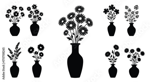 Silhouette Flower Arrangements in Vases for Decoration and Design Elements