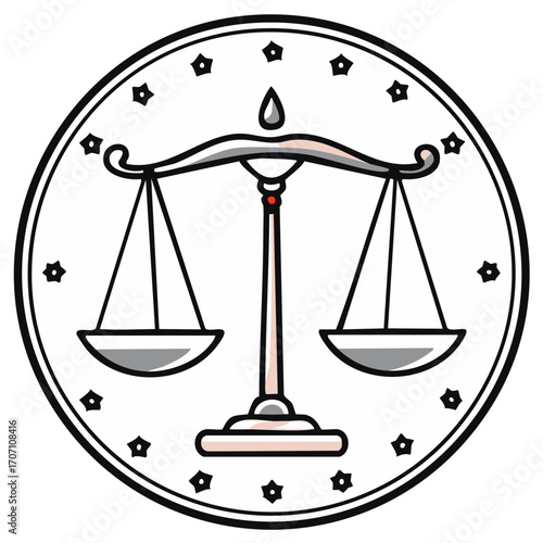 Scales of Justice Icon Symbolizing Law and Balance Within Starry Circle
