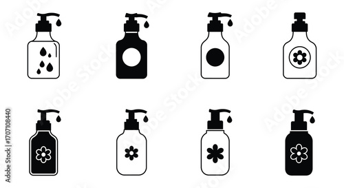Collection of Sanitizer Bottle Icons in Black and White for Design Elements