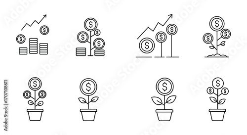 Growing money concept with coin plants and increasing graph line icons