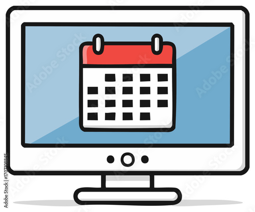 Cartoon computer monitor with a calendar icon on the screen for online scheduling and planning