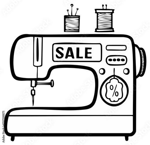 Sewing machine with SALE text and thread spools illustration for commercial purposes.