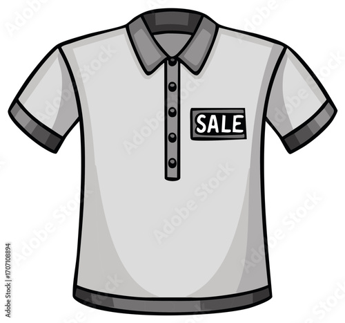 Cartoon Polo Shirt with Sale Badge, Short Sleeves, Grey Collar and Edges, Isolated