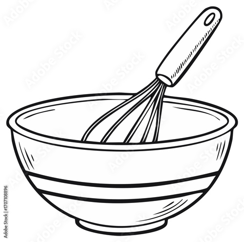 Sketch Illustration of Kitchen Bowl with Wire Whisk Inside for Cooking or Baking Recipes