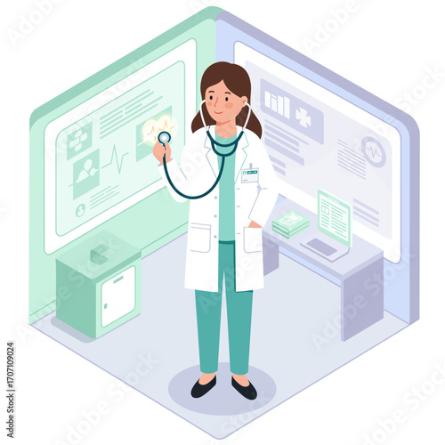A friendly female doctor stands in a modern, technology-filled medical office, ready to provide professional healthcare services with a stethoscope.