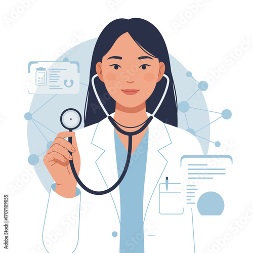 A confident female doctor in a white lab coat holds a stethoscope, symbolizing modern healthcare, medical technology, and professional dedication.