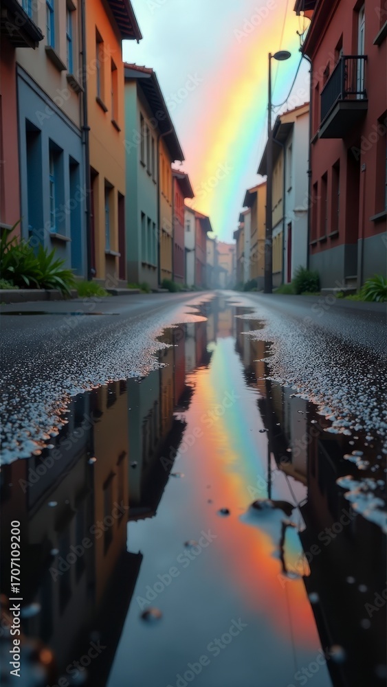 Obraz premium A vibrant rainbow arches above a quiet street, reflected in puddles between colorful buildings.