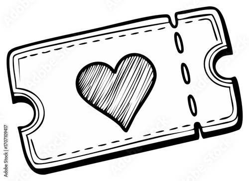 Hand drawn heart ticket with perforated edges and stitched detail in a simple sketch style.