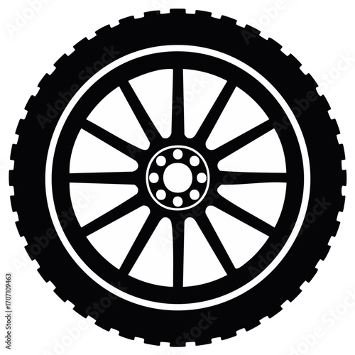 Black and white detailed tire and wheel design illustration, suitable for vehicle graphics.