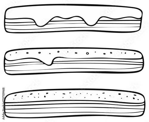 Drawn illustration of several different glazed eclairs dessert pastry.