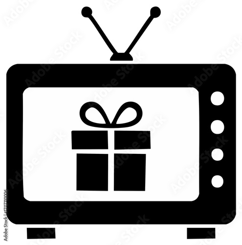 Retro Television Set Displaying a Wrapped Present, Black and White Icon Style