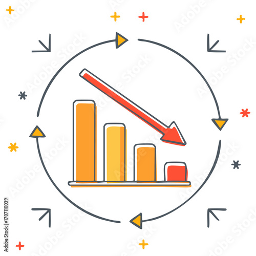 Downward trending bar chart showing economic recession or poor business performance cycle