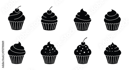 Eight Simple Black and White Cupcake Icons