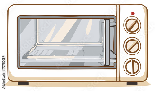 Illustration of a white toaster oven with knobs and a handle, kitchen appliance vector
