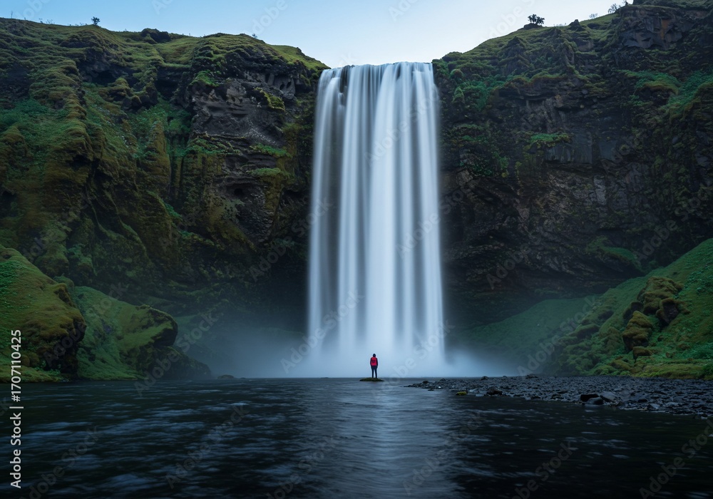 Obraz premium Lone Hiker Contemplates Majestic Waterfall in Twilight Iceland